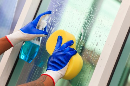 Stain removal supplies and cleaning cloths on a table